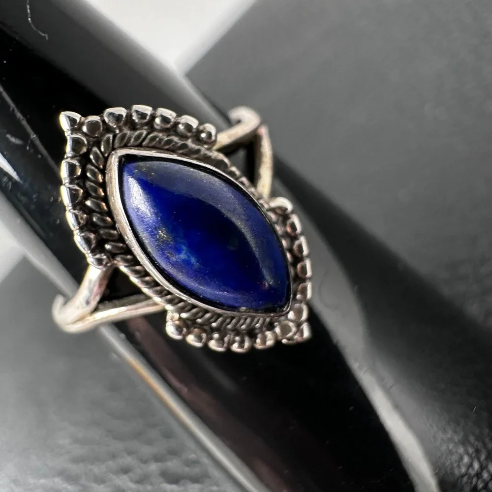 925 Sterling Lapis Lazuli‎ Marquise Cabochon Ring 6.5 Vintage Boho Southwestern
